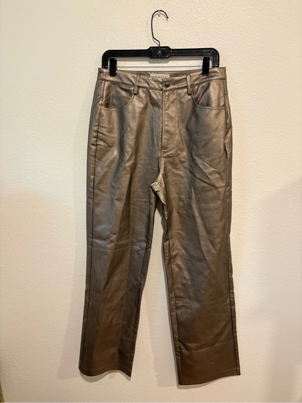 Faux Leather Straight-Leg Pants in Metallic Pewter/Bronze